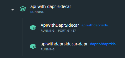 Docker Desktop screenshot showing the primary API and Dapr containers running